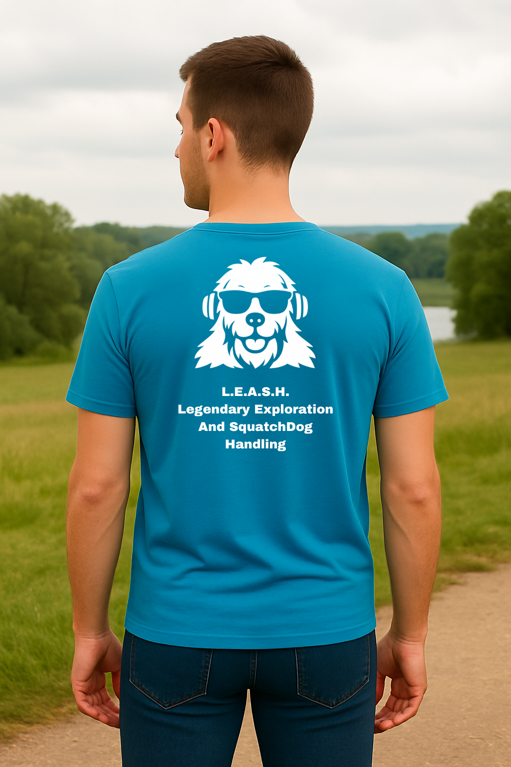 SquatchDog™ t-shirt with “L.E.A.S.H. – Legendary Exploration And SquatchDog Handling” slogan