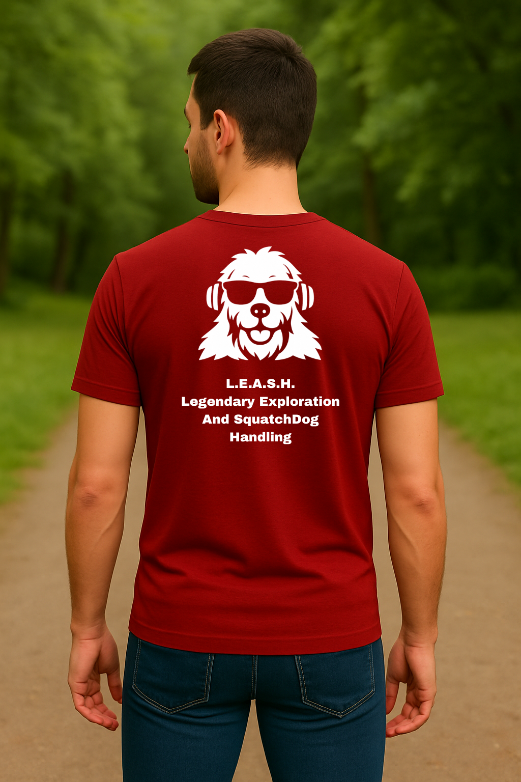 SquatchDog™ t-shirt with “L.E.A.S.H. – Legendary Exploration And SquatchDog Handling” slogan