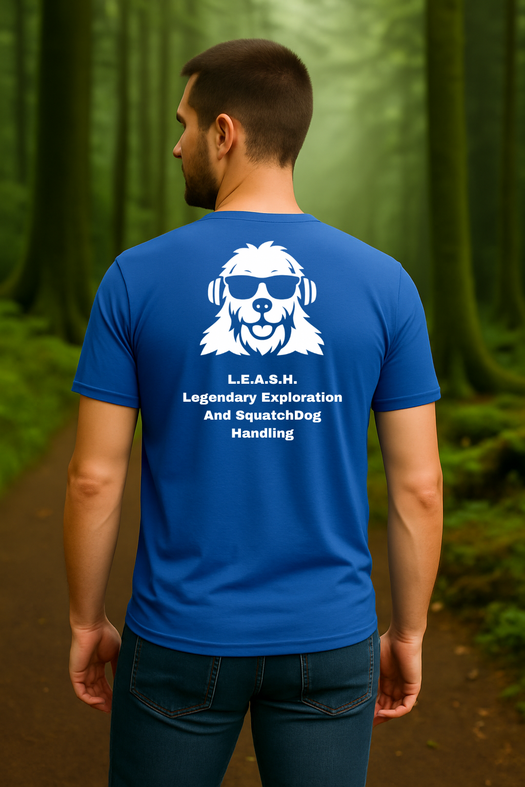 SquatchDog™ t-shirt with “L.E.A.S.H. – Legendary Exploration And SquatchDog Handling” slogan