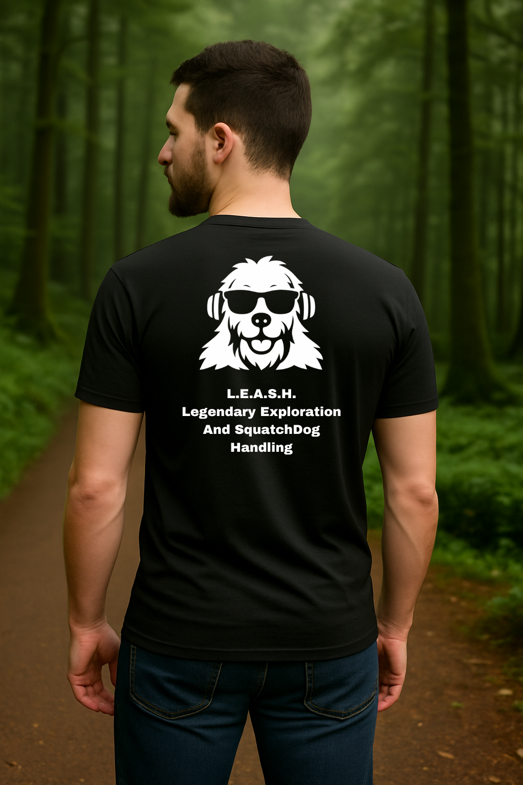 SquatchDog™ t-shirt with “L.E.A.S.H. – Legendary Exploration And SquatchDog Handling” slogan