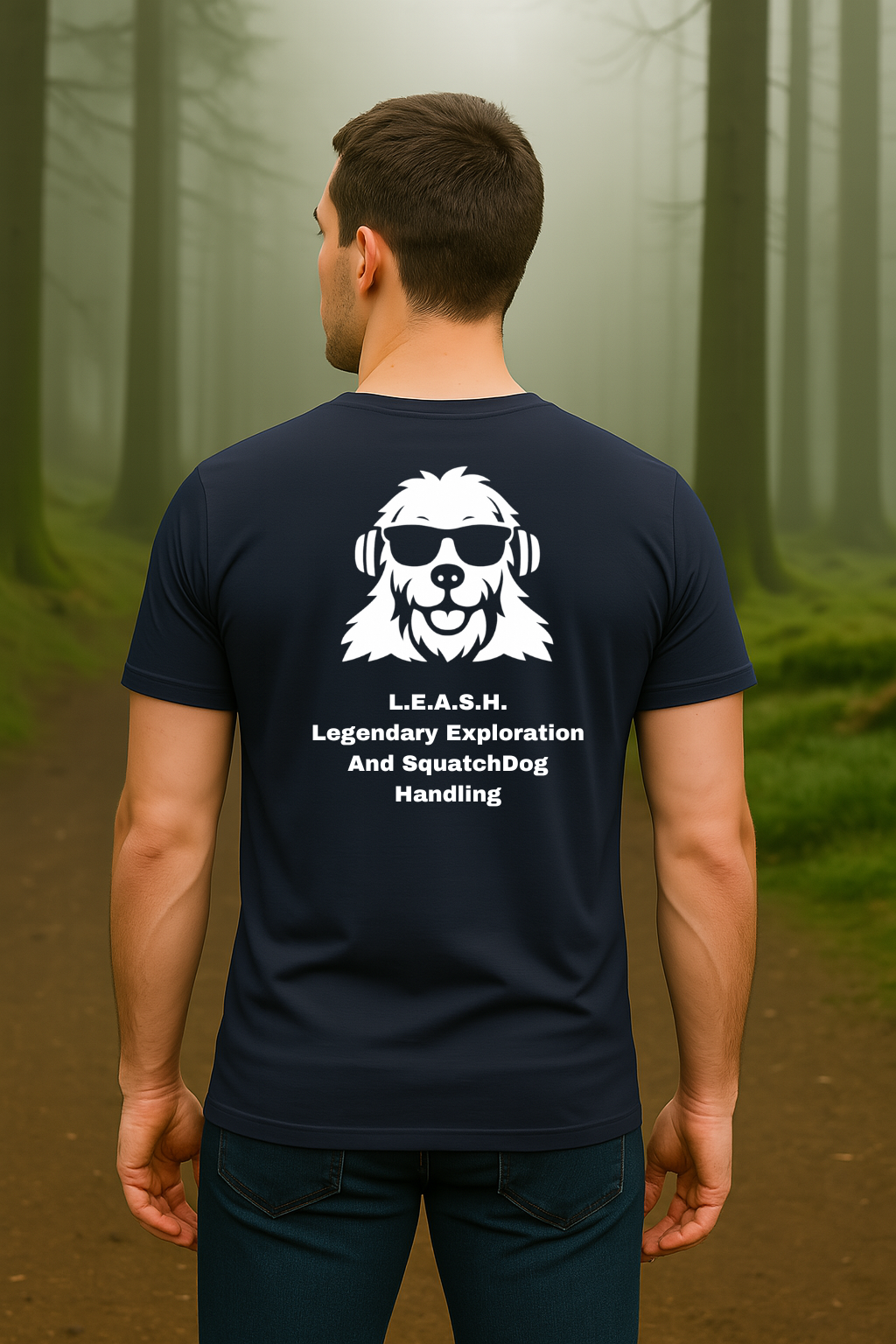 SquatchDog™ t-shirt with “L.E.A.S.H. – Legendary Exploration And SquatchDog Handling” slogan