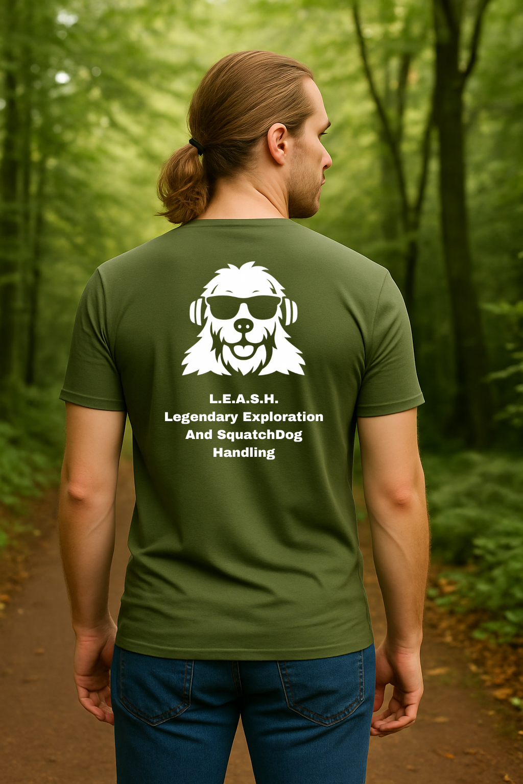 SquatchDog™ t-shirt with “L.E.A.S.H. – Legendary Exploration And SquatchDog Handling” slogan