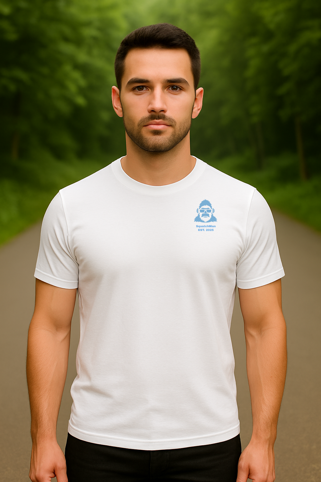 SquatchMan graphic t-shirt with bold "Squatch Around and Find Out" text in forest-themed design