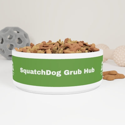 Forest green SquatchDog™ bowl with cryptid-themed design