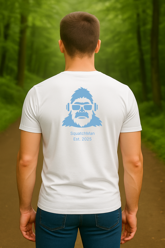 SquatchMan Est. 2025 T-shirt in Smoky Teal – Appalachian cryptid graphic apparel in White
