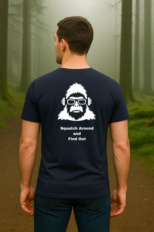 SquatchMan graphic t-shirt with bold "Squatch Around and Find Out" text in forest-themed design