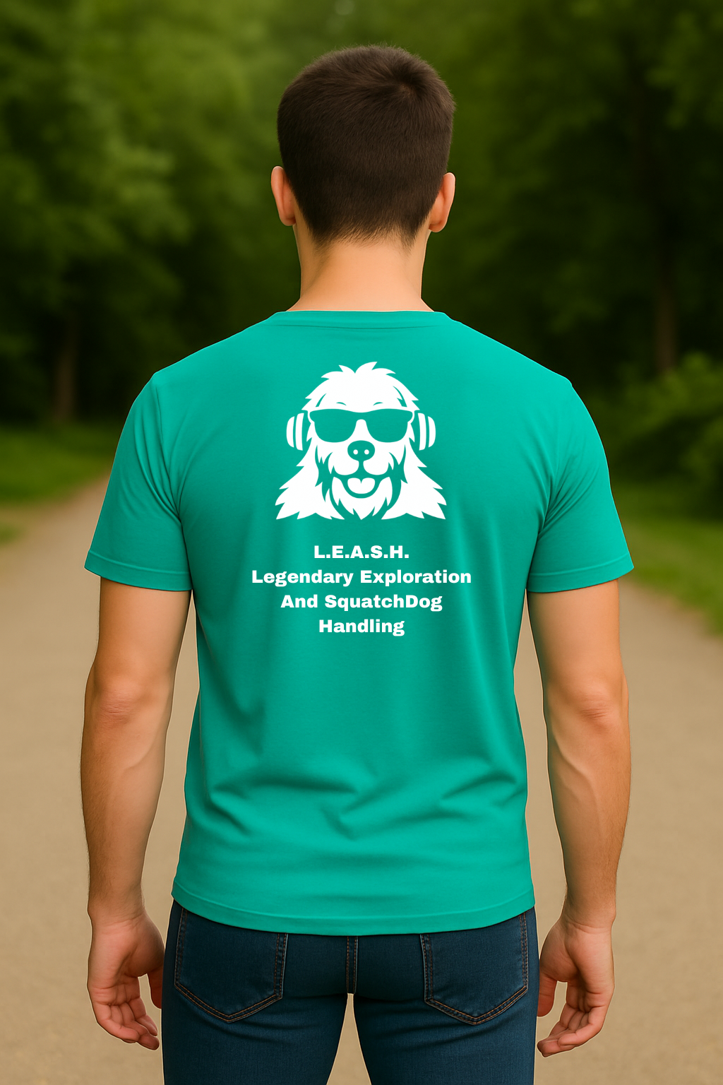 SquatchDog™ t-shirt with “L.E.A.S.H. – Legendary Exploration And SquatchDog Handling” slogan
