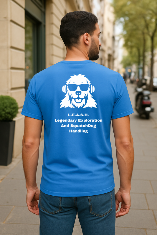 SquatchDog™ t-shirt with “L.E.A.S.H. – Legendary Exploration And SquatchDog Handling” slogan
