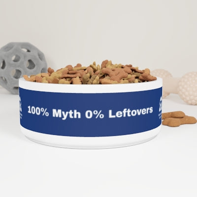 Dark blue SquatchDog™ dog bowl with bold “100% Myth, 0% Leftovers” cryptid design